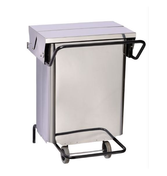 Wheeled waste bin with pedal and central opening Elastic strap for holding  the bag in place
